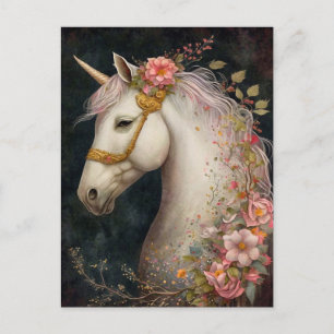 Belle Unicorne Et Fleurs Carte Postale