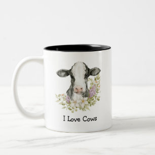 Belle vache noire florale Mug à deux tons