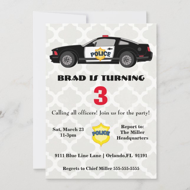 Belle voiture de police Anniversaire Invitation (Devant)