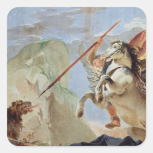 Bellerophon, reitenpegasus, die Chimären tötend, Quadratischer Aufkleber