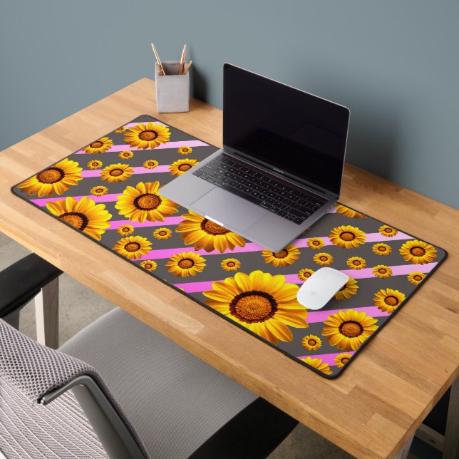 Belles fleurs jaunes sur gris, rayures roses (Bureau 2)