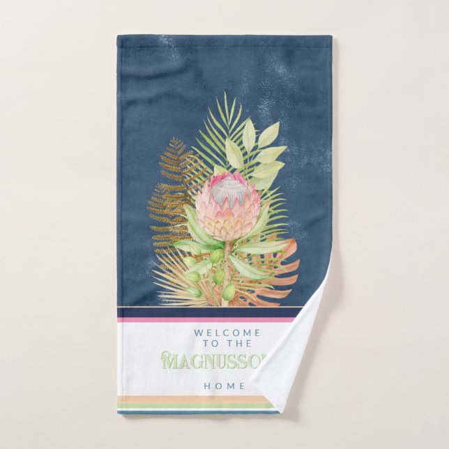 Belles fleurs tropicales sur coutume bleu batik (Serviette à main)