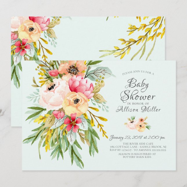 Belles pivoines Floral Baby Shower Invitations (Devant / Derrière)
