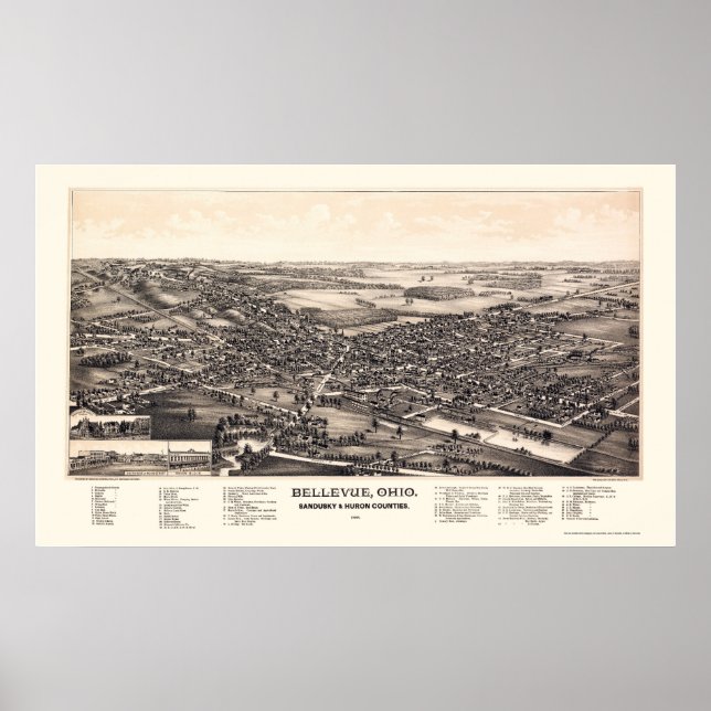 Bellevue, OH Panoramakarte - 1888 Poster (Vorne)
