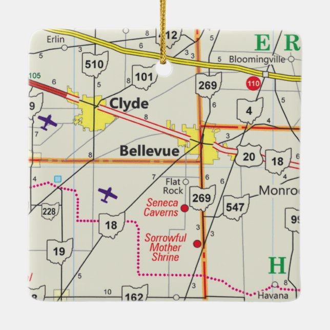 Bellevue Ohio Road Map Keramikornament (Rückseite)