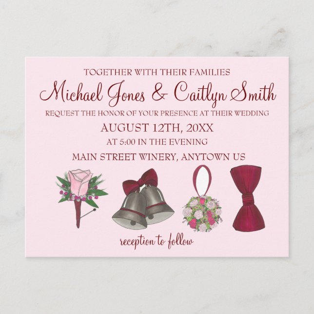 Bells Bow Bouquet Rose Bouttoniere Wedding Einladungspostkarte (Vorderseite)