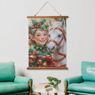 Bells Holly und Horse Christmas Elf Wandteppich Mit Holzrahmen