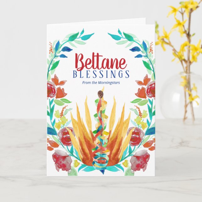 Beltane Segnungen Farbenfrohe Blumenfeuer und Mayp Karte (Gelbe Blume)