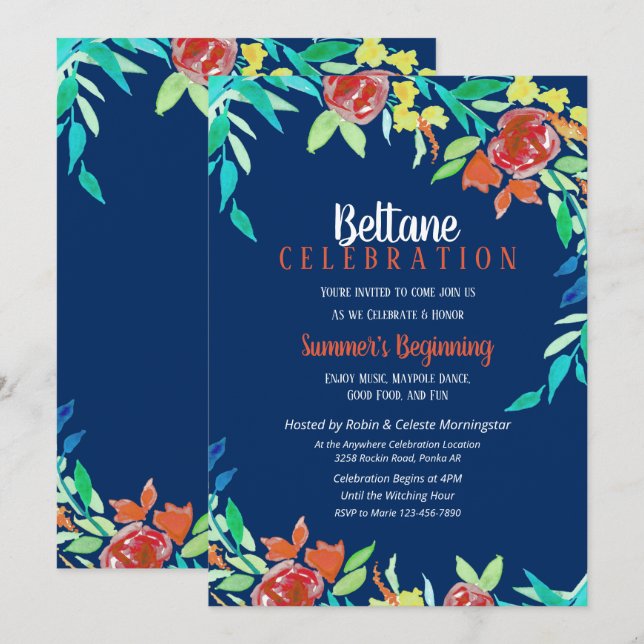 Beltane Summer Blume Wicca Watercolor Blue Einladung (Vorne/Hinten)