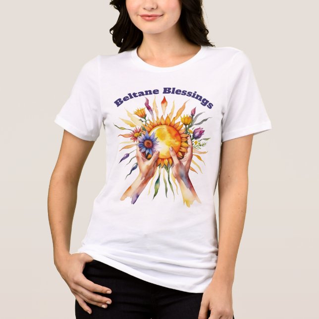 Beltane Summer Floral Sun Sabbat Blessings Tri-Blend Shirt (Vorderseite)