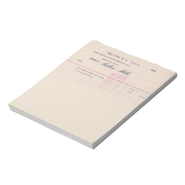 Belton Mills Belton, SC Receipt Notepad Notizblock (Rotiert)