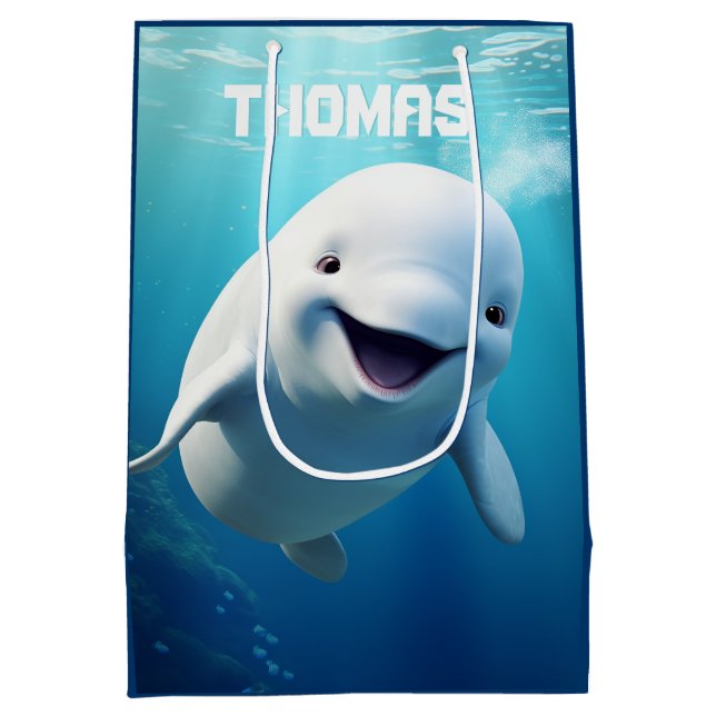 Beluga Whale Cartoon Blauer grüner arktischer Ozea Mittlere Geschenktüte (Rückseite)