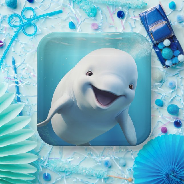 Beluga Whale Cartoon Blauer grüner arktischer Ozea Pappteller (Party)