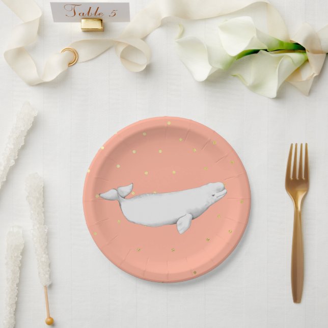 Beluga Whale Illustration Gold Dots Coral Pappteller (Hochzeit)