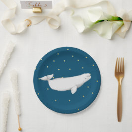 Beluga Whale Illustration Gold Dots Navy Blue Pappteller