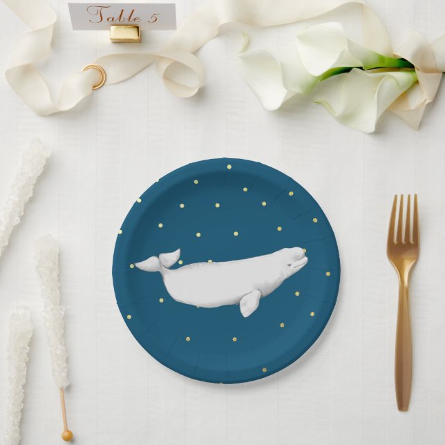 Beluga Whale Illustration Gold Dots Navy Blue Pappteller (Hochzeit)
