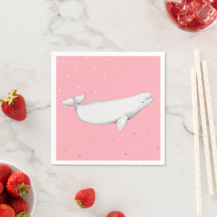 Beluga Whale Illustration Gold Dots Pink Serviette