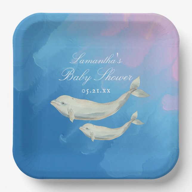 Beluga Whale Mama und Calf Baby Dusche Pappteller (Vorderseite)