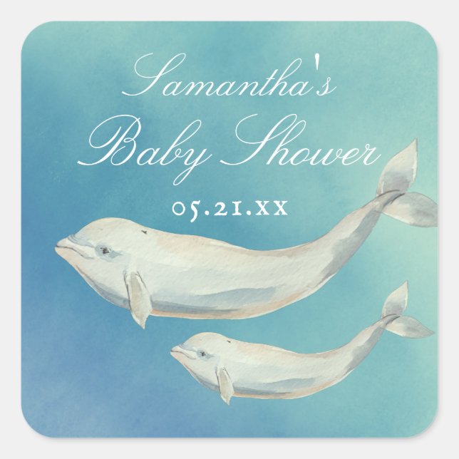 Beluga Whale Mama und Calf Baby Dusche Quadratischer Aufkleber (Vorderseite)