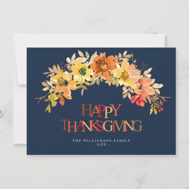bemalt Fall Blume marineblaue Happy Thanksgiving Karte (Vorderseite)