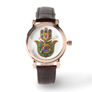 Bemalte Gold Hamsa Amethyst Rubin Drittes Auge Armbanduhr