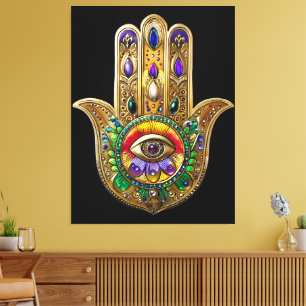 Bemalte Gold Hamsa Amethyst Rubin Drittes Auge Leinwanddruck