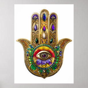 Bemalte Gold Hamsa Amethyst Rubin Drittes Auge Poster