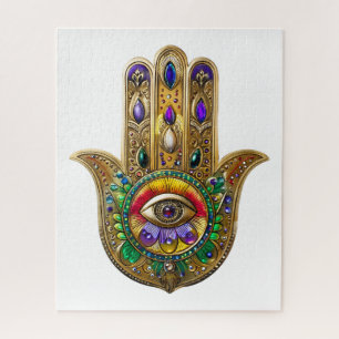 Bemalte goldene Hamsa Amethyst Rubin Drittes Auge