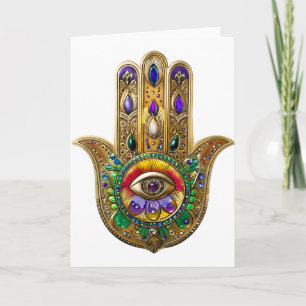 Bemalte goldene Hamsa Amethyst Rubin Drittes Auge Karte
