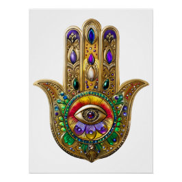 Bemalte goldene Hamsa Amethyst Rubin Drittes Auge Poster
