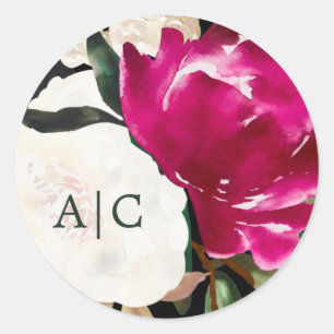 Bemalte Magnolie auf Schwarz Monogramm-Hochzeit Runder Aufkleber