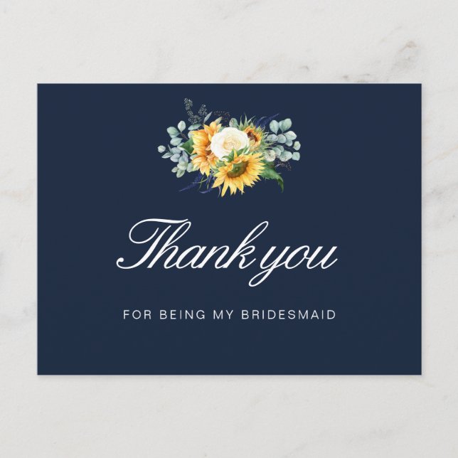 bemalte Sonnenblumen blau Bridesmaid danke Karte (Vorderseite)