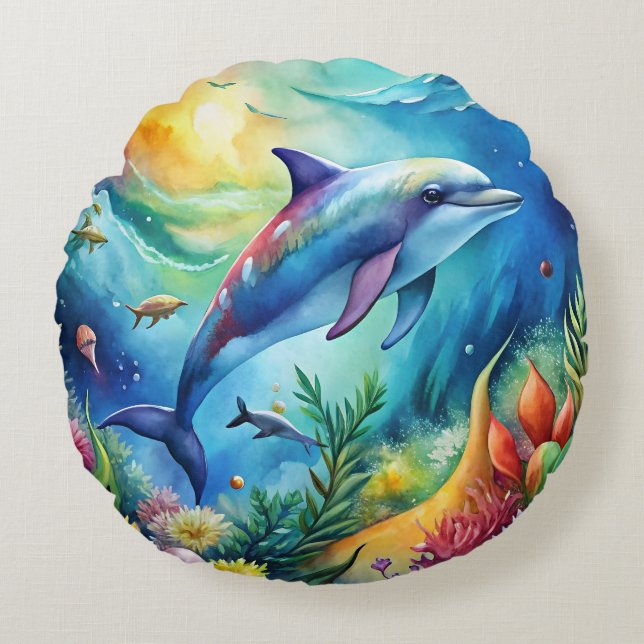 Bemalter Delfin Rundes Kissen (Vorderseite)