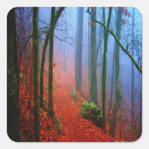 Bemalter Herbstwald Blaue Nebel Quadratischer Aufkleber