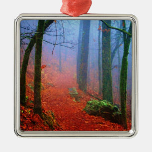 Bemalter Herbstwald Blaue Nebel Silbernes Ornament