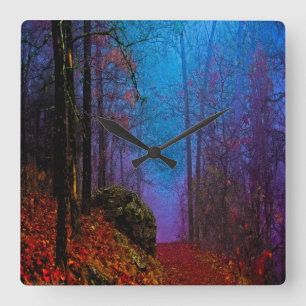 Bemalter Wald Herbst Lila Nebel Quadratische Wanduhr