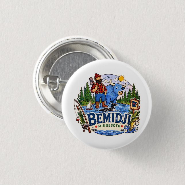 Bemidji Minnesota Paul Bunyan & Babe the Blue Ox Button (Vorne & Hinten)