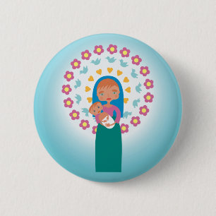 Bemuttern Sie Mary und Baby Jesus unter blauem Button