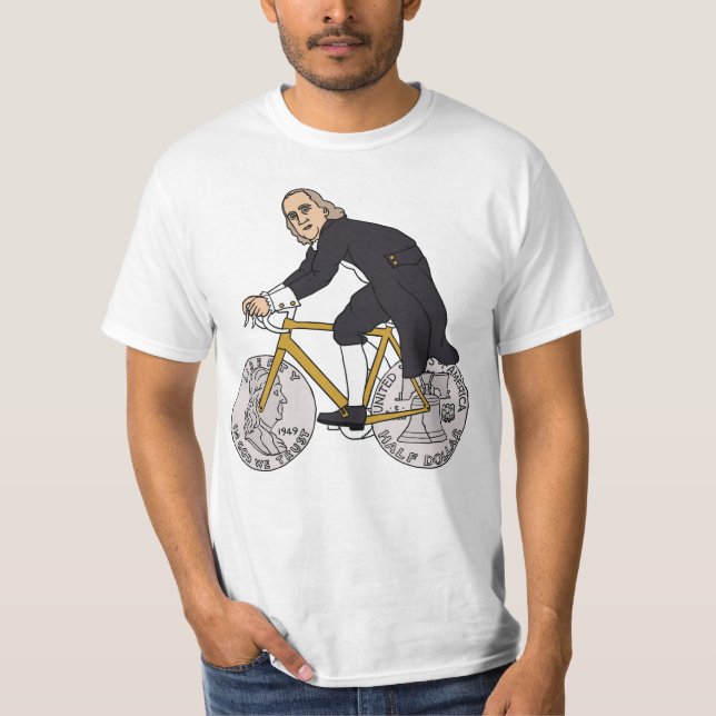 Ben Franklin auf einem Fahrrad mit Dollar-Rädern T-Shirt (Vorderseite)