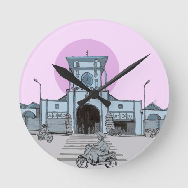 Ben Thanh Market Saigon Vietnam Illustration Runde Wanduhr (Vorderseite)