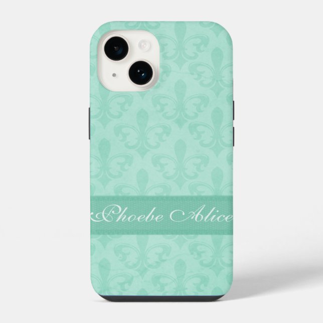 Benannt Fleur de Lis Damast mintgrün  iPhone 14 Hülle (Rückseite)