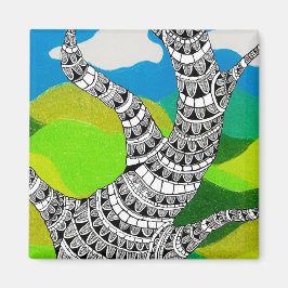 Bendy Tree Design Clouds Grassy Landscape Magnet