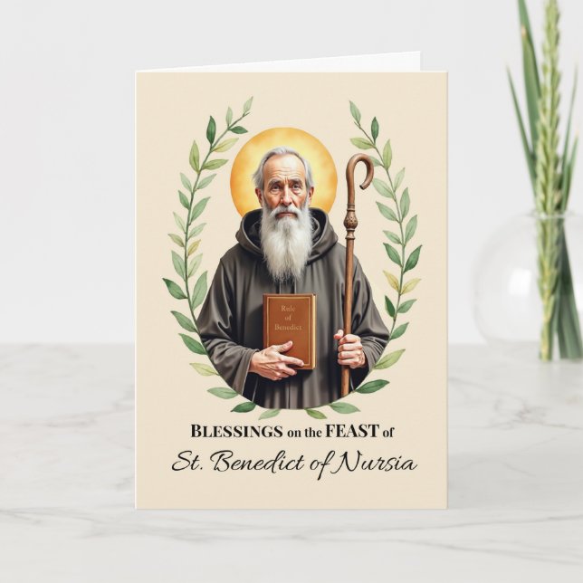 Benedikt von Nursia Feast Day Leafy Wreath Karte (Vorderseite)