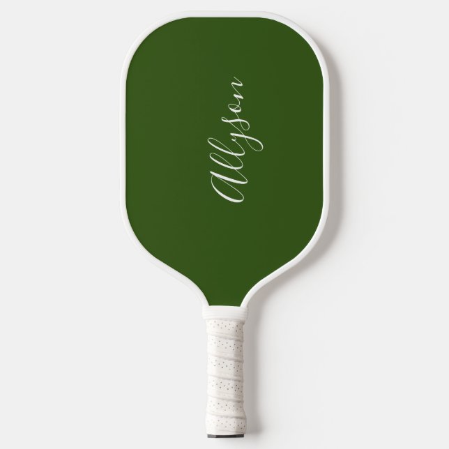 Benennen Sie White Script Vertikal ForestGreen Pickleball Schläger (Vorderseite)
