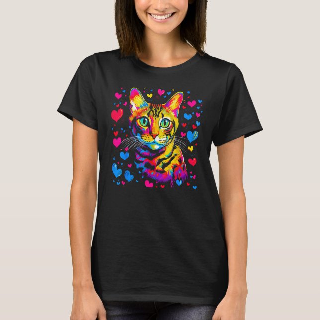 Bengal Cat Blue Red Heart T-Shirt (Vorderseite)