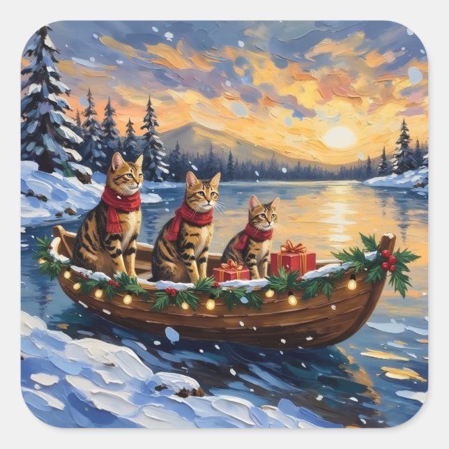 Bengal Cat Christmas Boat Holiday Quadratischer Aufkleber (Vorderseite)