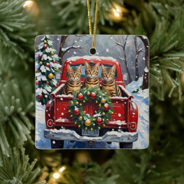 Bengal Cat Christmas Red Truck Holiday Keramikornament (Baum)