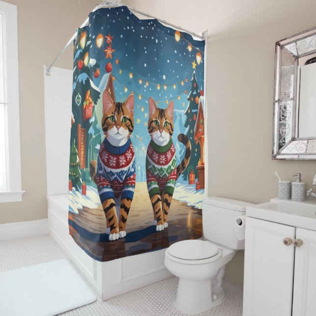 Bengal Cats Christmas Snow Holiday Duschvorhang (Beispiel)