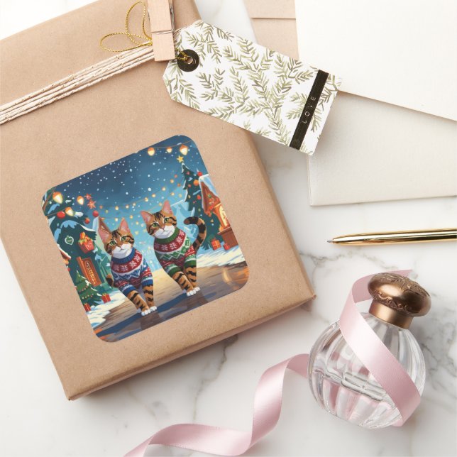 Bengal Cats Christmas Snow Holiday Quadratischer Aufkleber (Schenken)