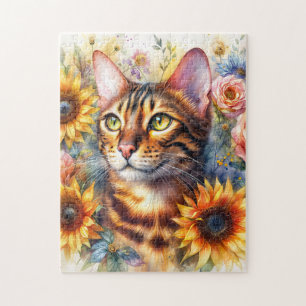 Bengal-Katze Florale Wasserfarbe